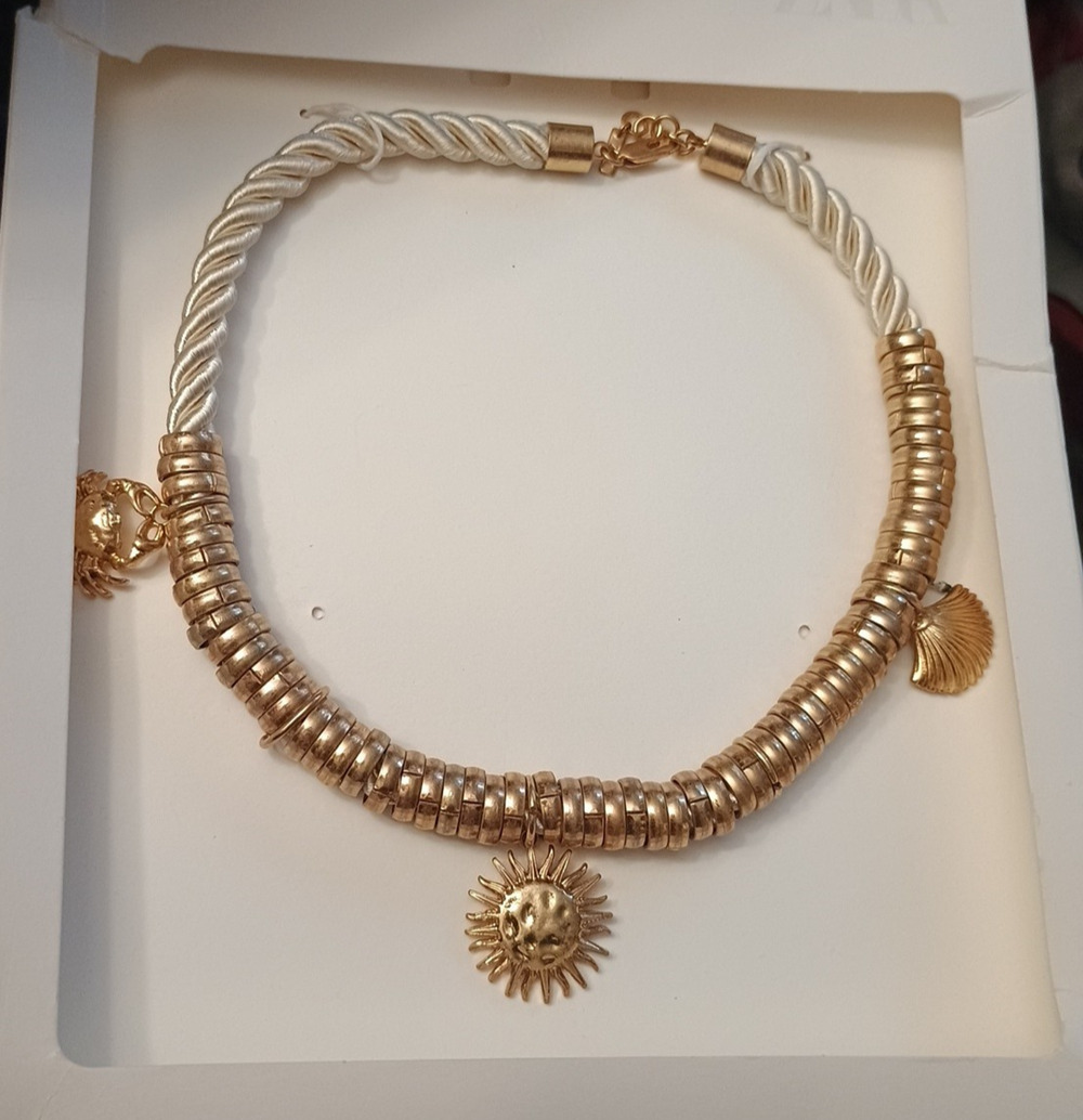 Zara Necklace Charms Beaded Crab Sun Flower Sea shell Gold Twisted Satin Rope